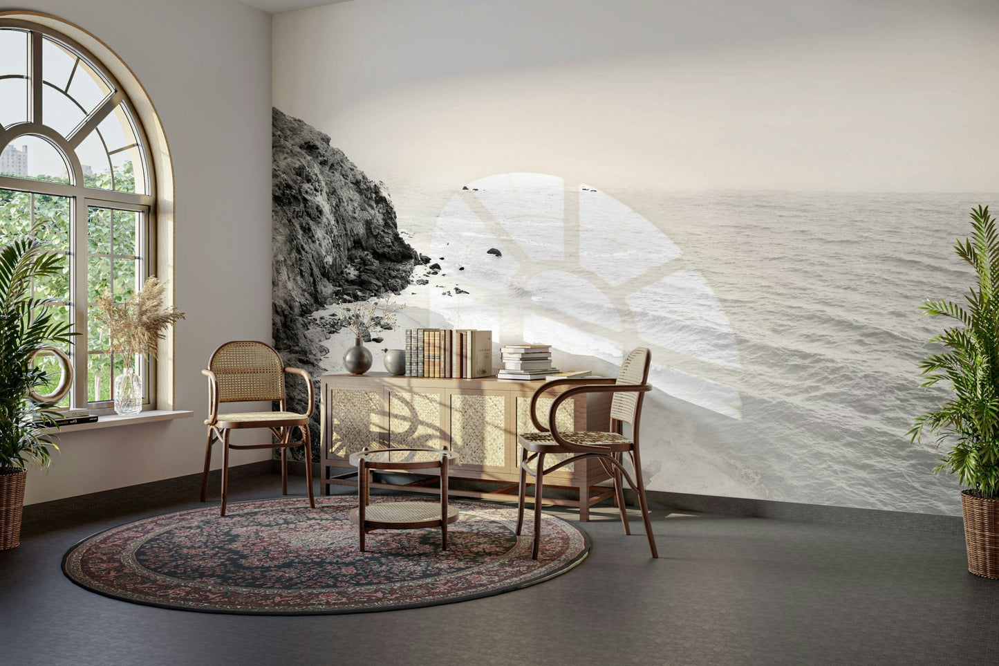 Elegant black and white California coastal wall design.

