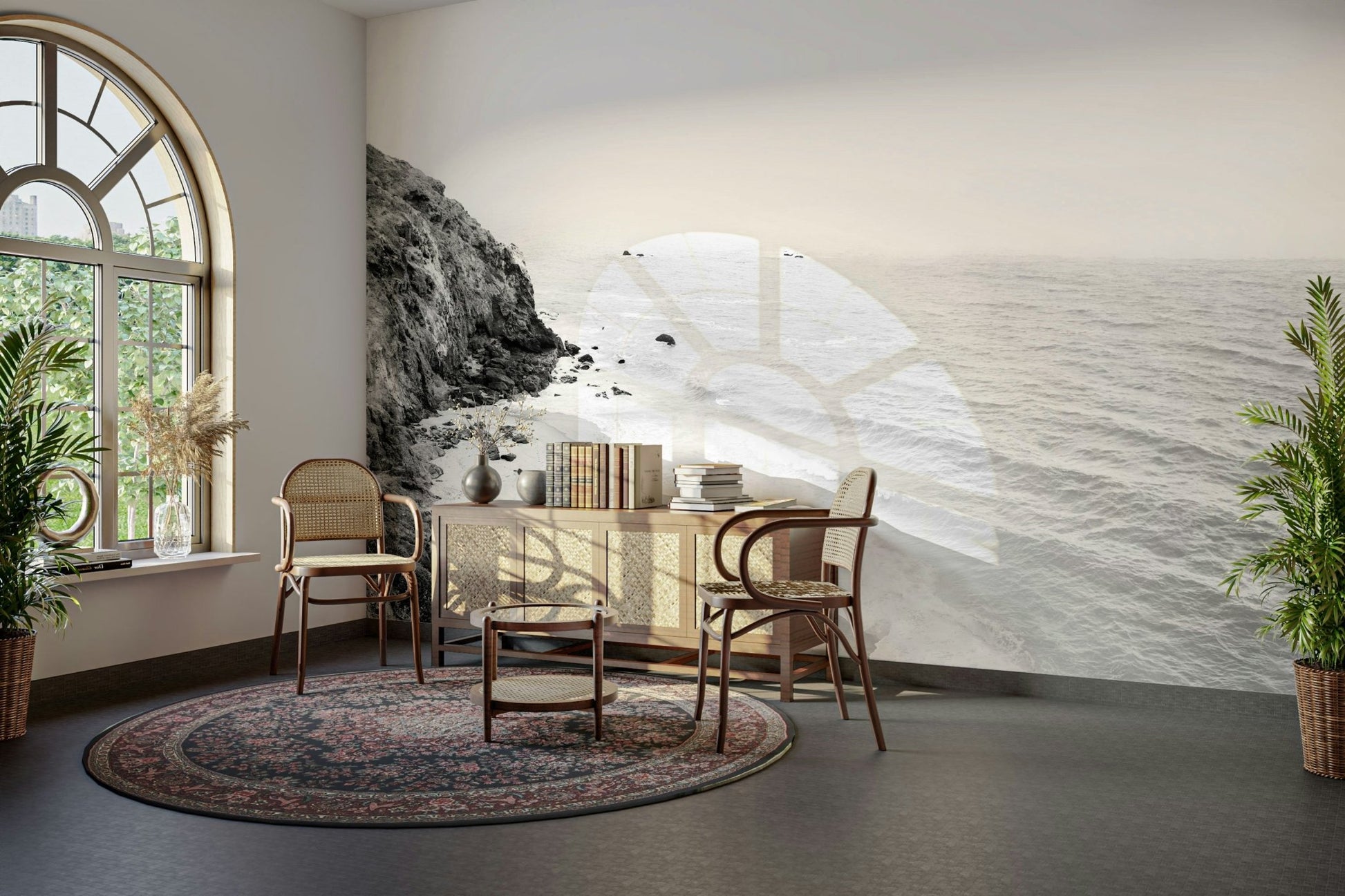 Elegant black and white California coastal wall design.

