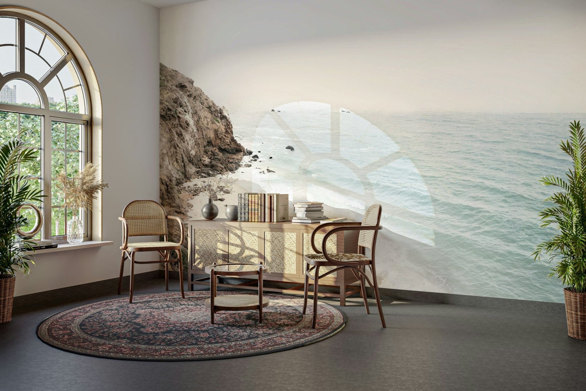 Coastal charm with California coastline mural design.

