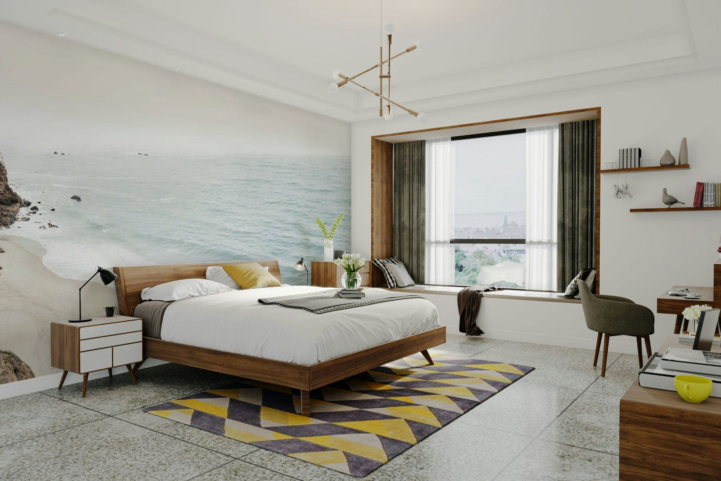 Serene California coastline mural with lush cliffs and ocean.

