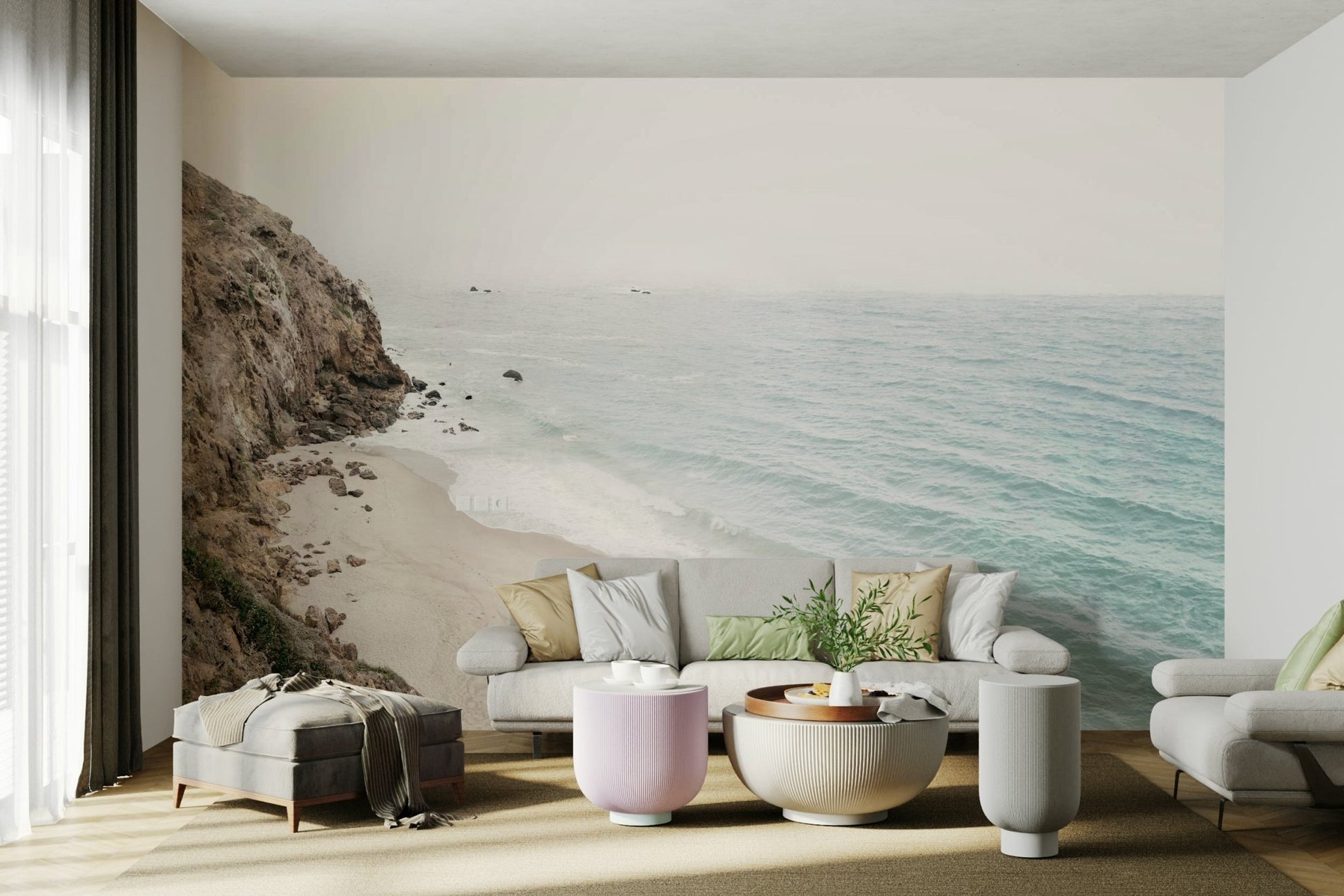 Peaceful California Coast wall mural with rocky shores.

