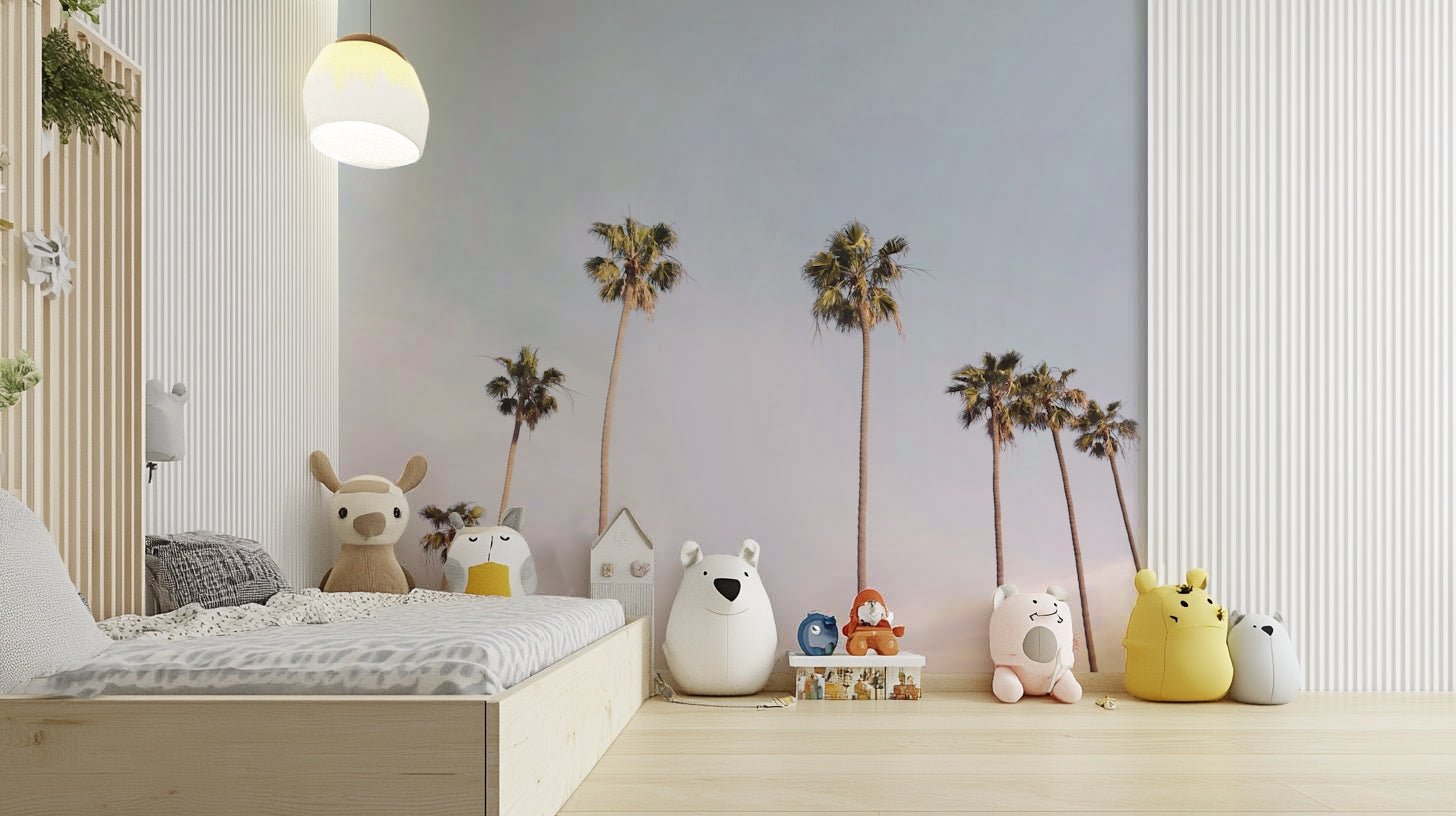 Serene sunset with palm trees in California Dreaming Mural.

