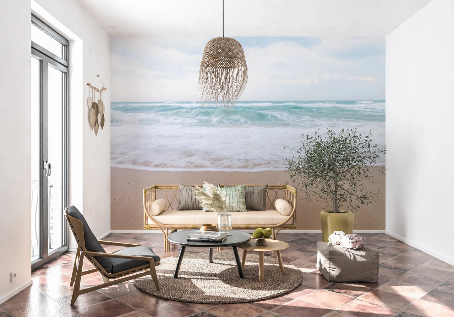 Living room styled with Calm Coastal Scene wall mural beach, GD8748