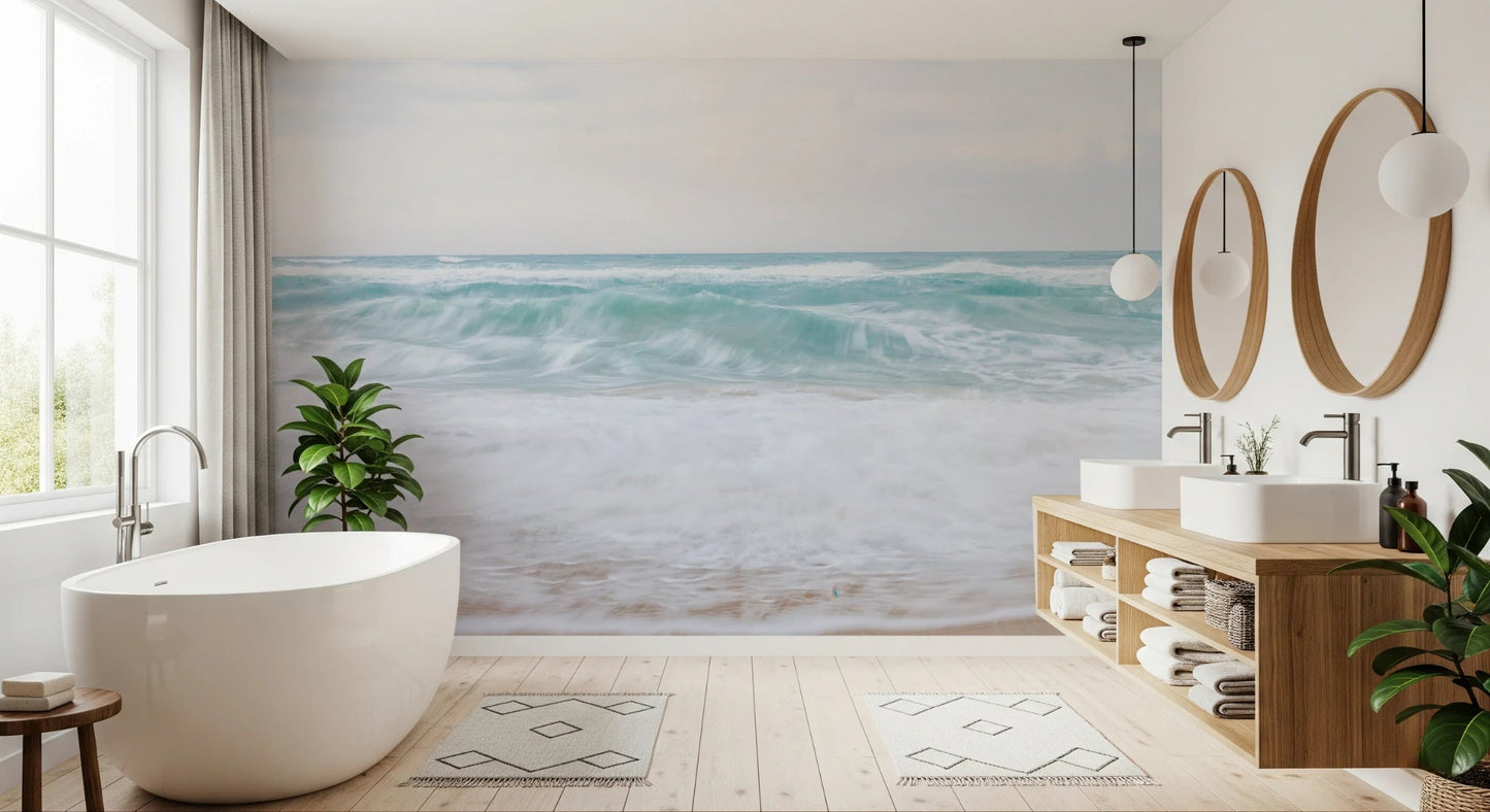 Bathroom setup with Calm Coastal Scene wall mural sea view, GD8748
