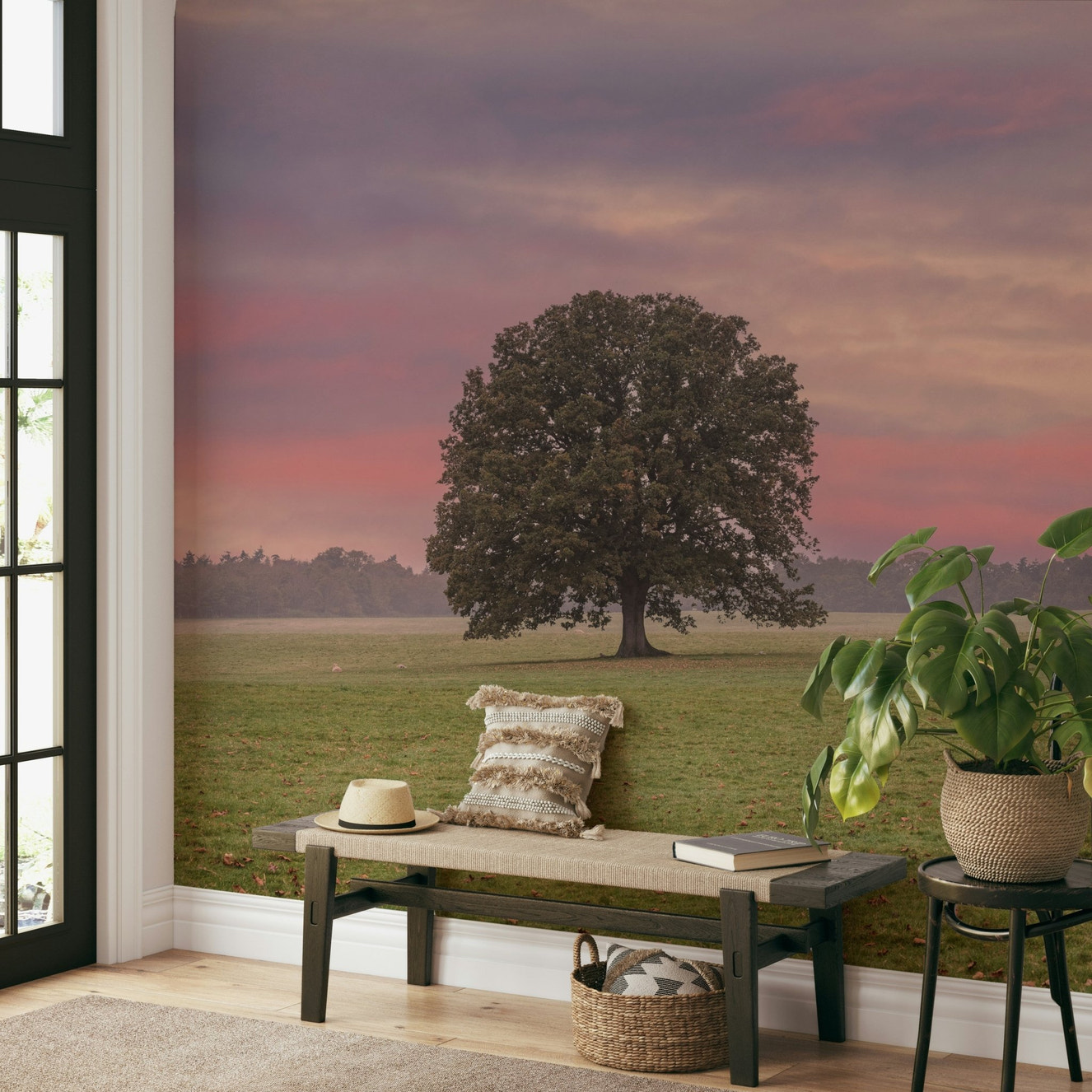 A beautiful calm fields wallpaper mural with a full moon.

