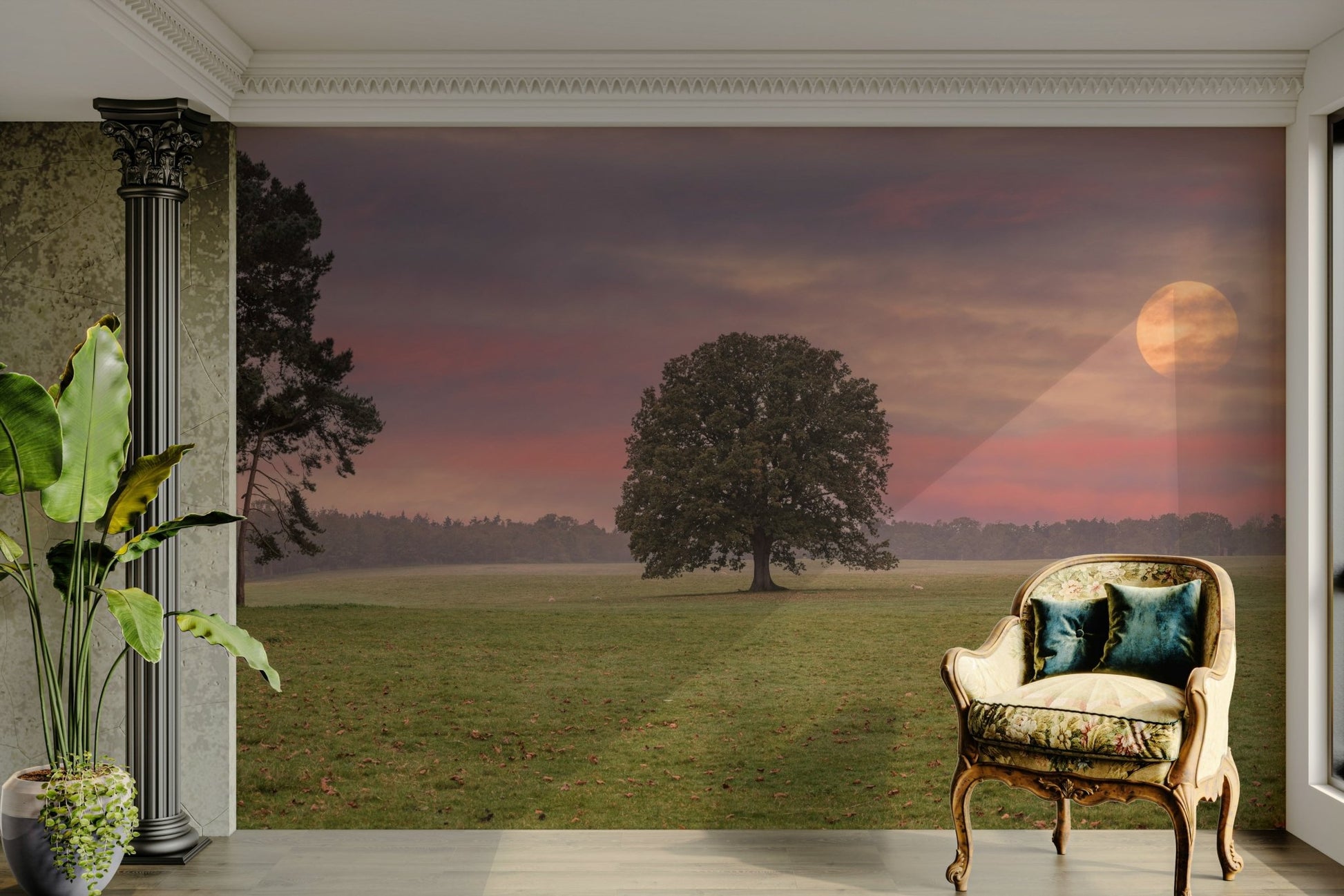 A contemplative misty field wallpaper mural for a feature wall., GD5134