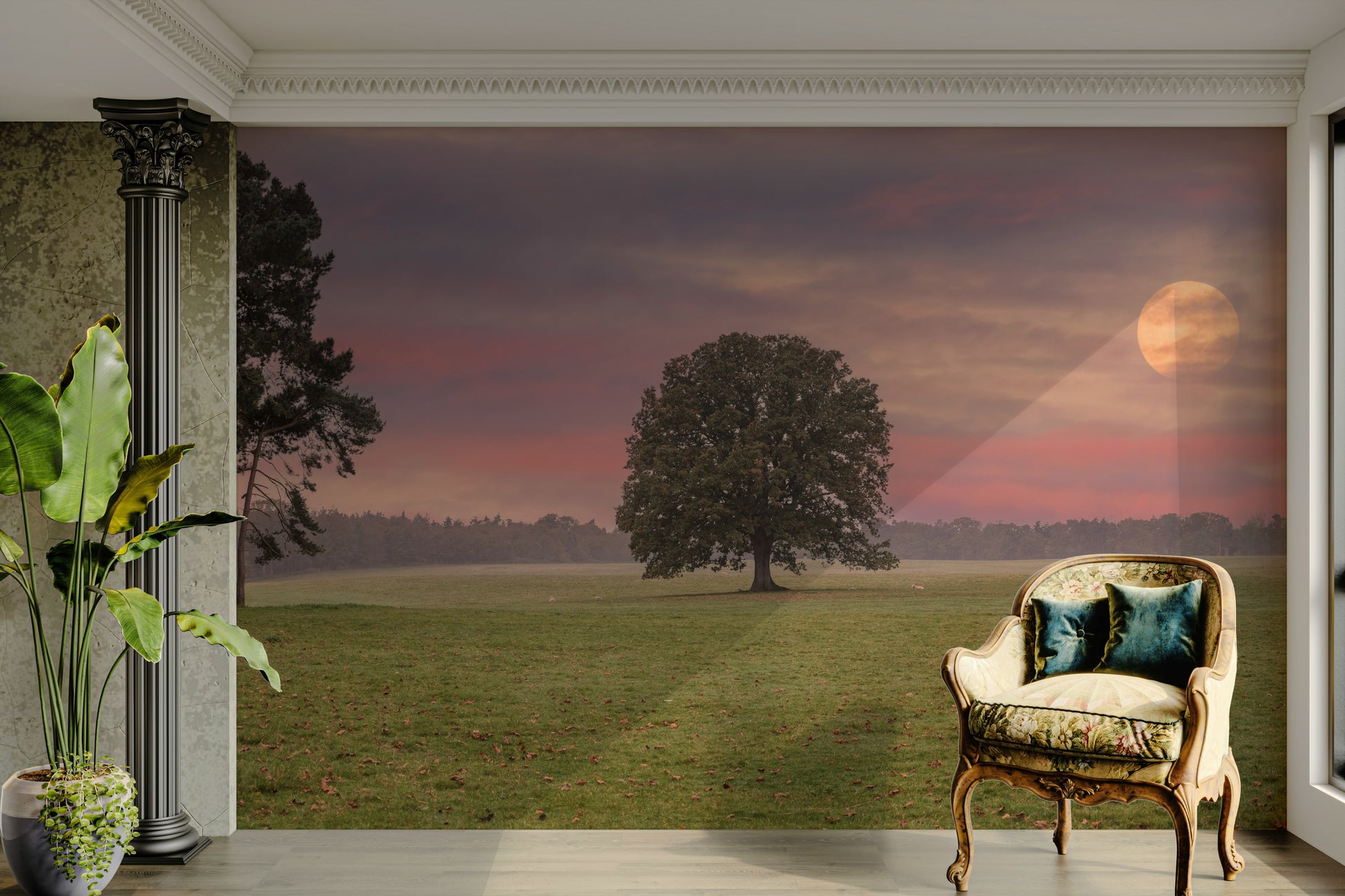 A contemplative misty field wallpaper mural for a feature wall.


