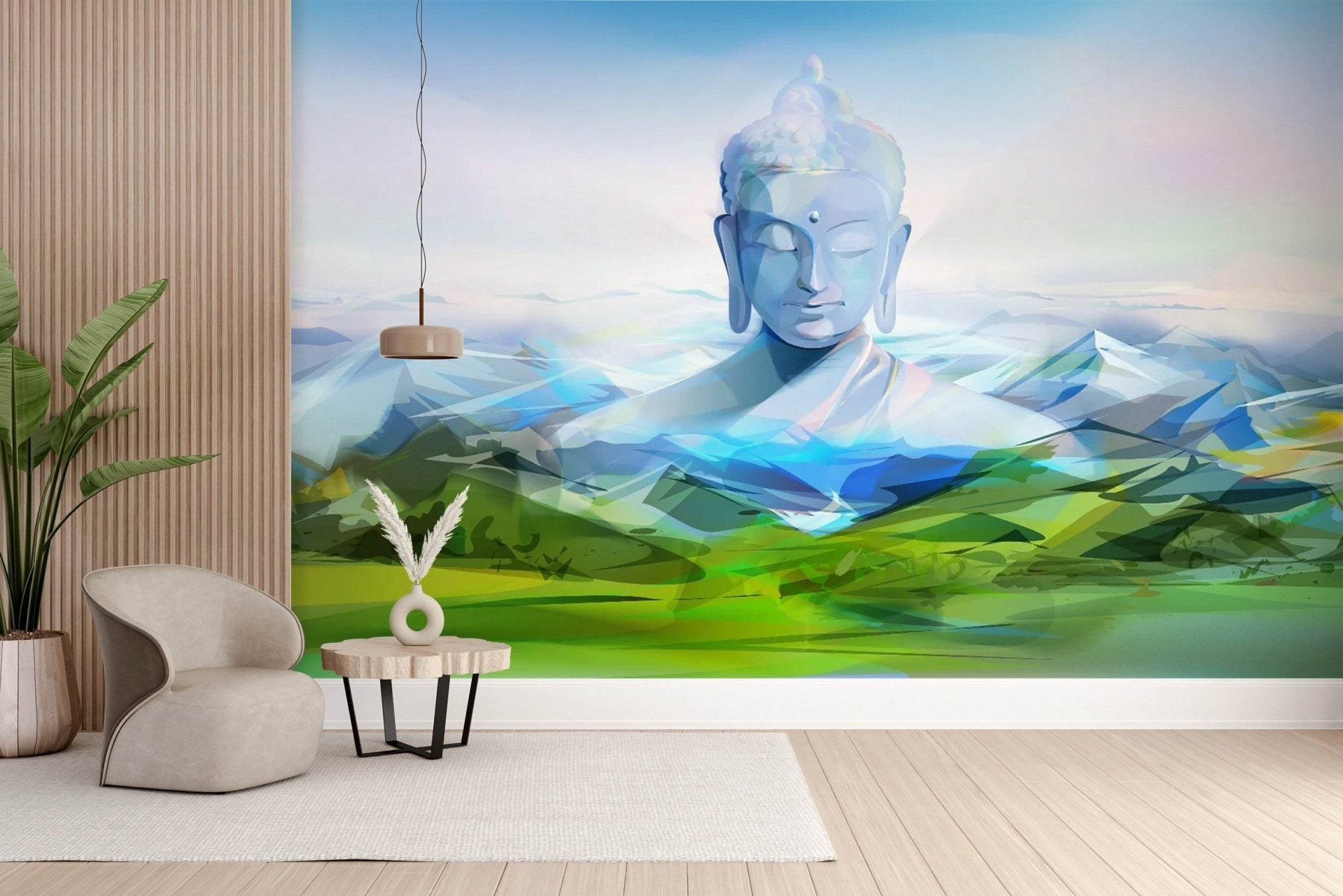 Tranquil Buddha mountain living room wallpaper design Zen-3
