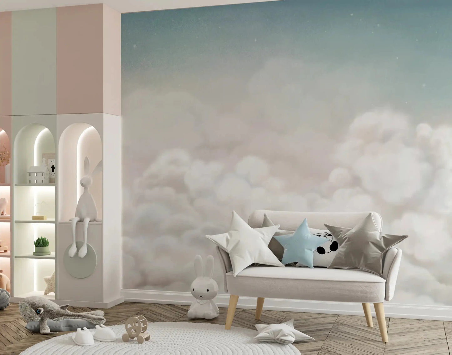 Play room showing Calming Clouds wall mural and airy white clouds, GD9172