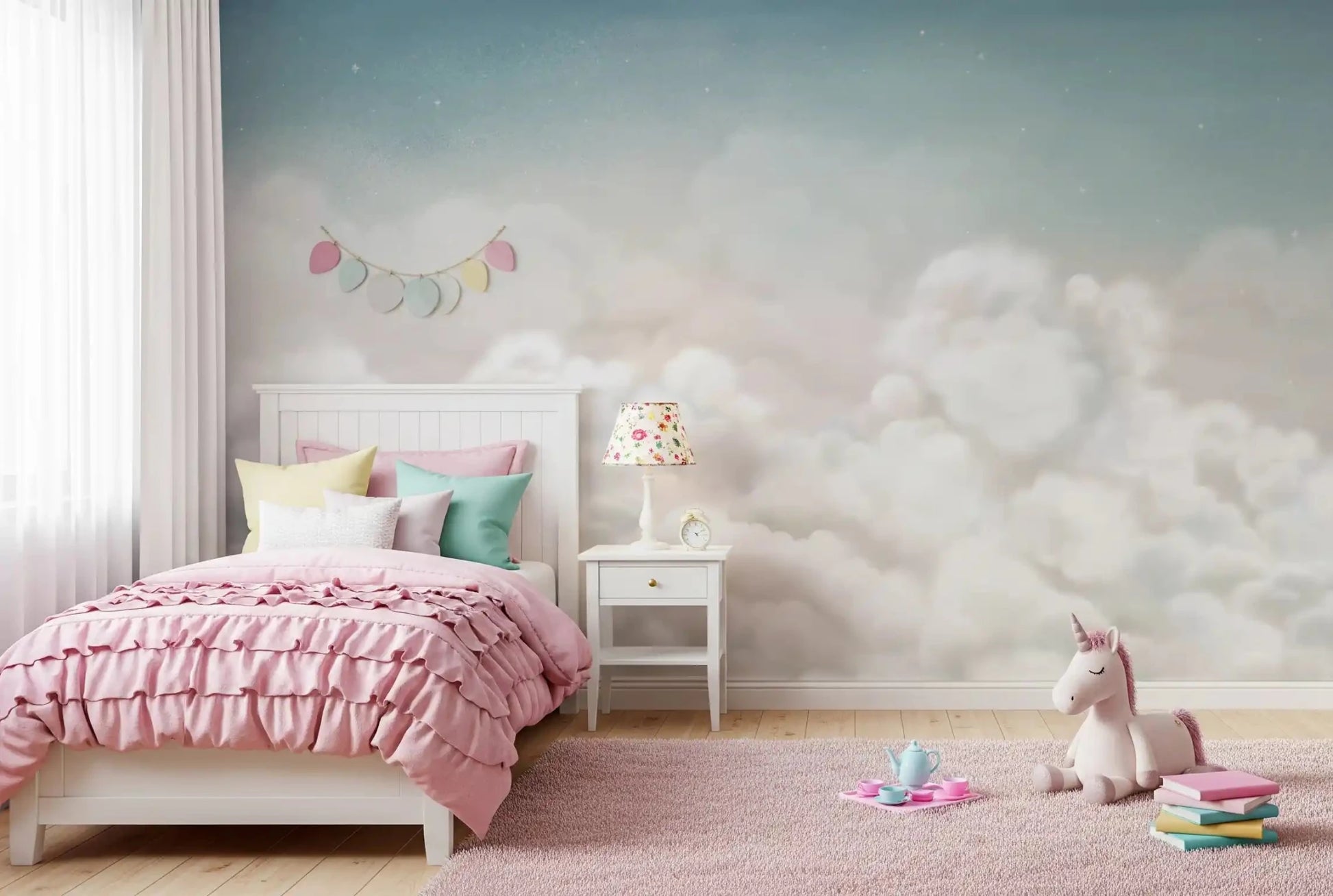 Girls room wall with Calming Clouds wall mural in light blue tones, GD9172