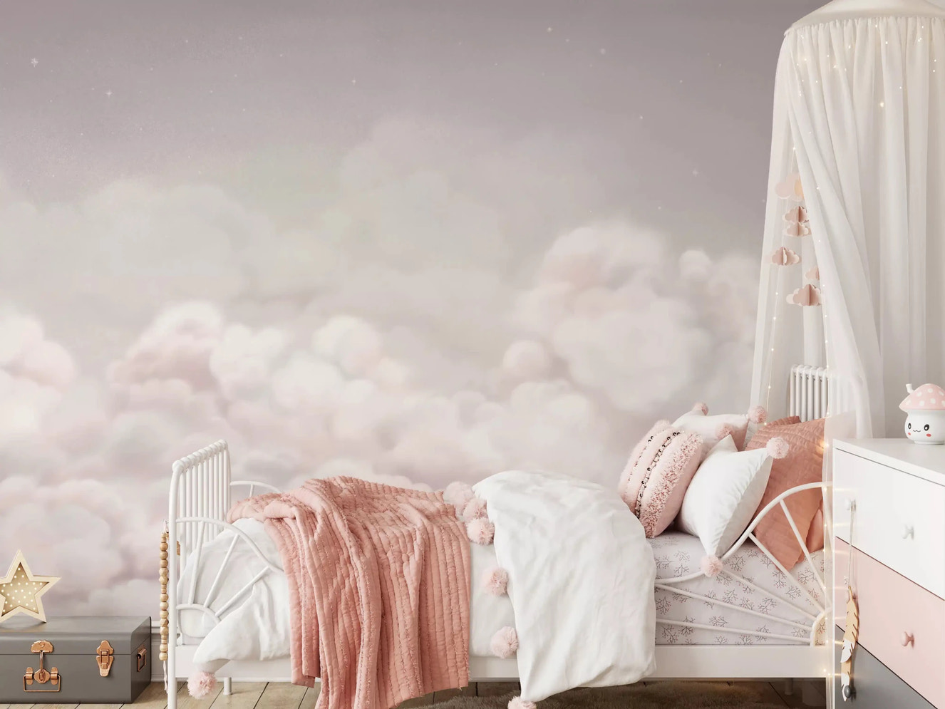 Girls room with Calming Clouds wall mural in soft blush tones