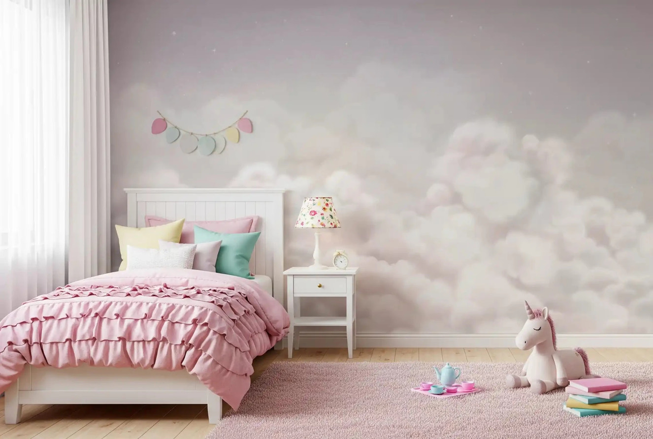 Bedroom styled in Calming Clouds wall mural with pink clouds