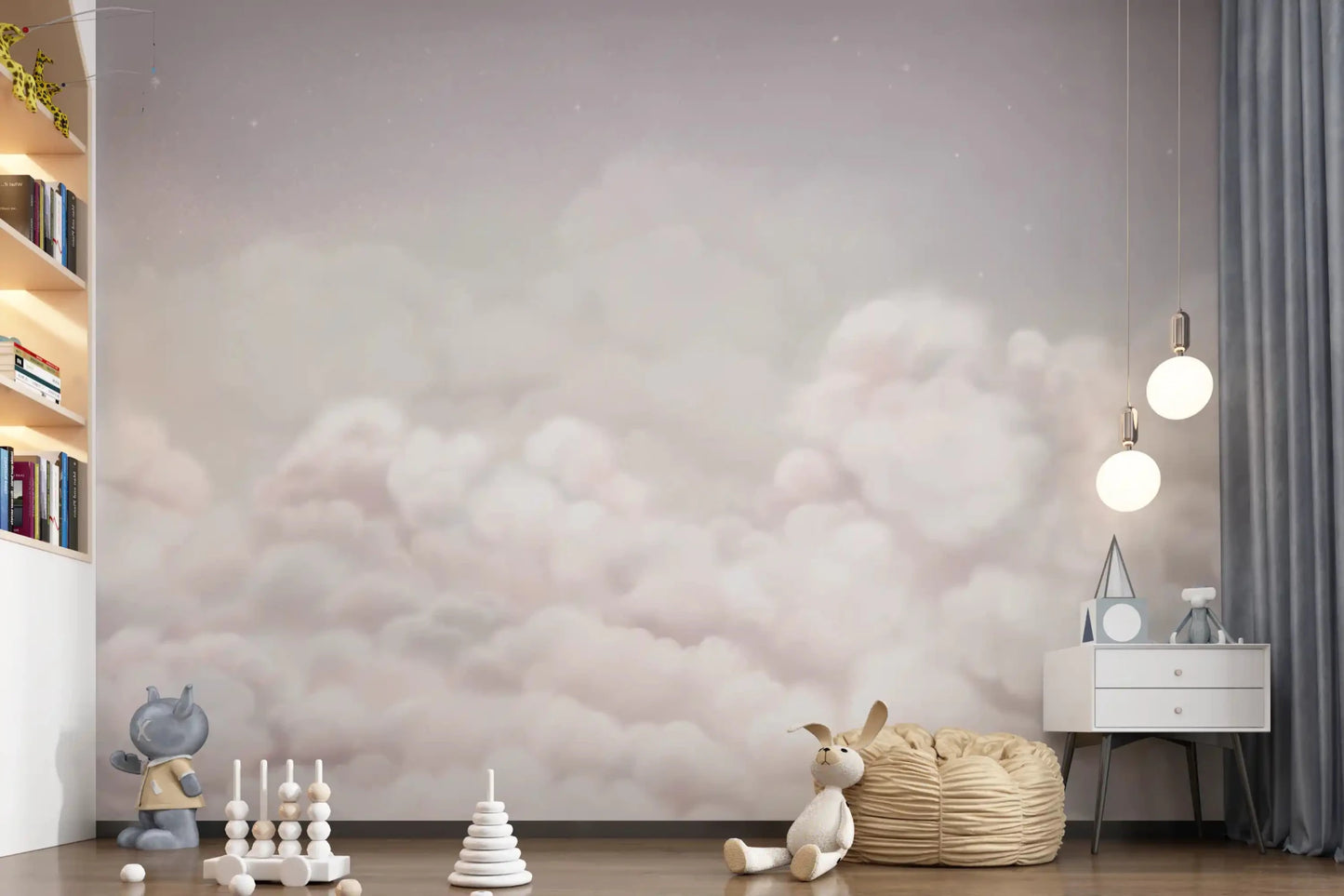 Play area showing Calming Clouds wall mural with light sky effect