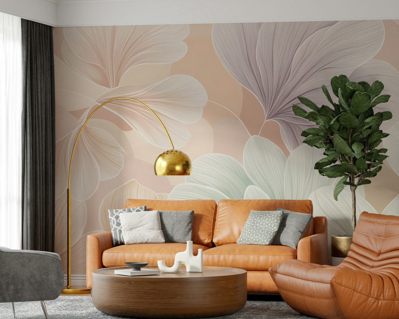 Bloom Essence wall mural with soft floral details in a bedroom.