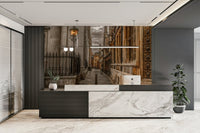 Beautiful Cambridge Lane mural in living room design.

