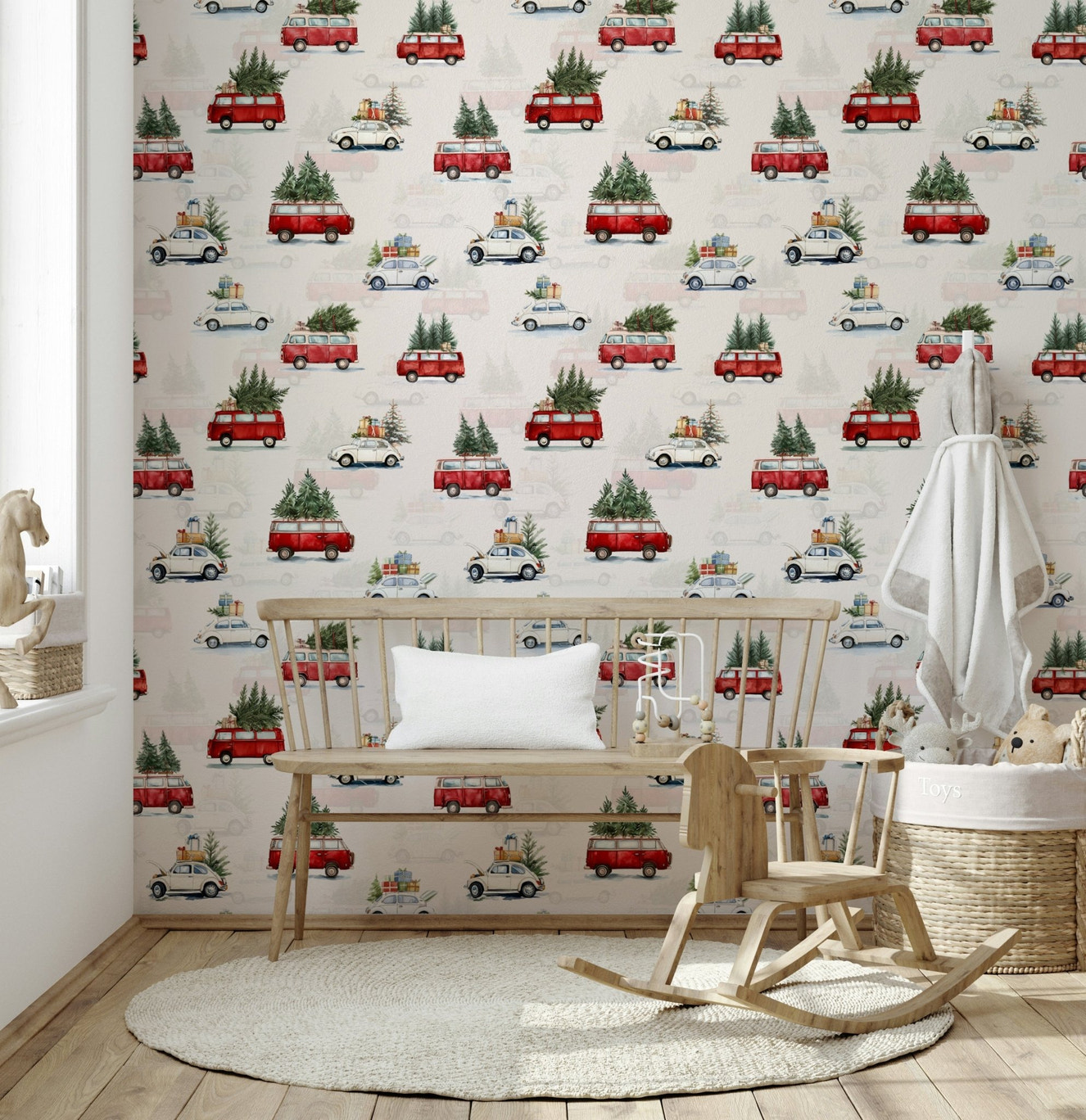 Camionette Wallpaper pattern creating a charming, nostalgic bedroom setting.