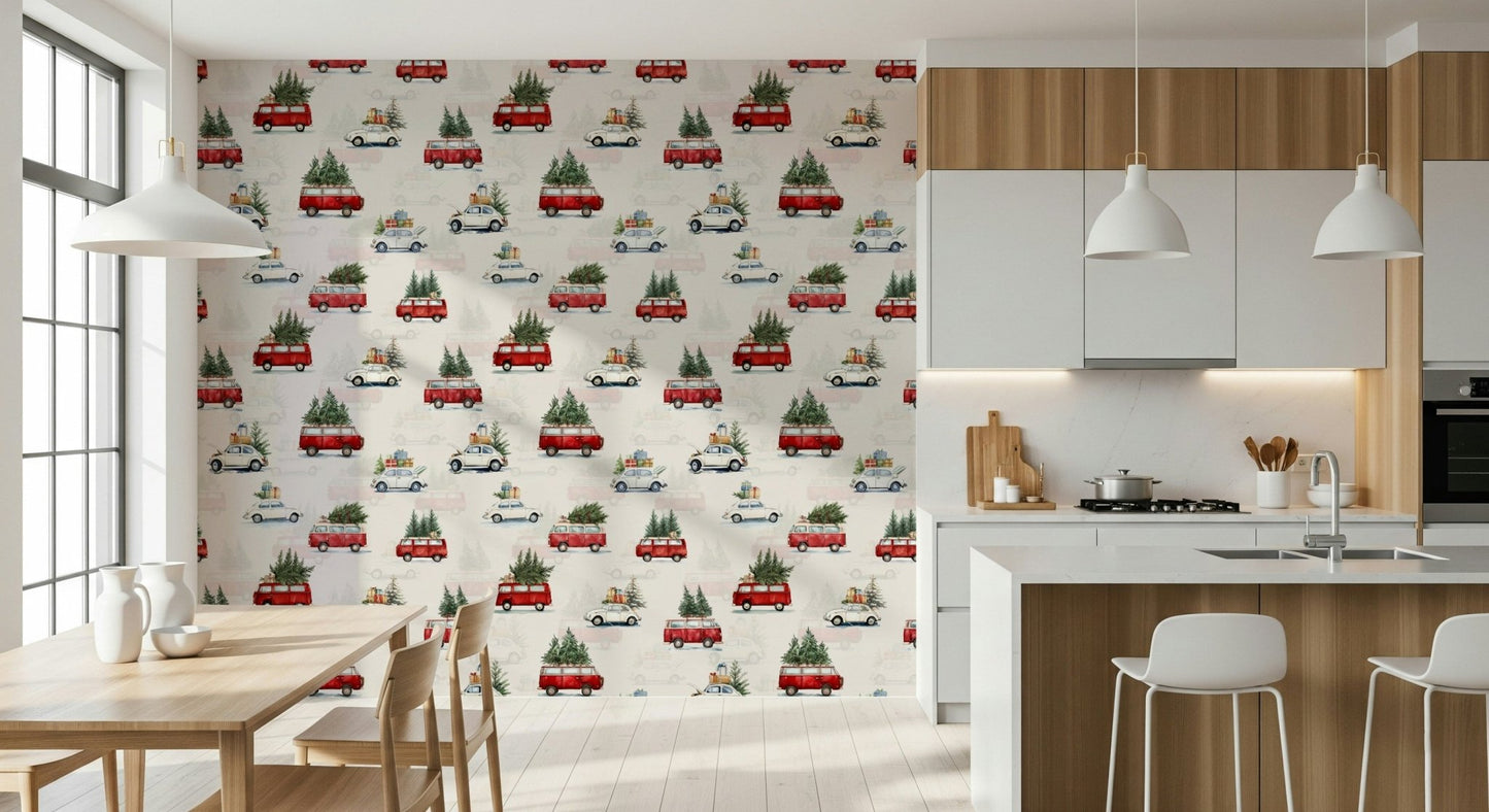 The colorful truck print of Camionette Wallpaper complementing bright decor.