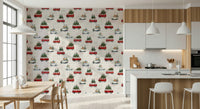 The colorful truck print of Camionette Wallpaper complementing bright decor.