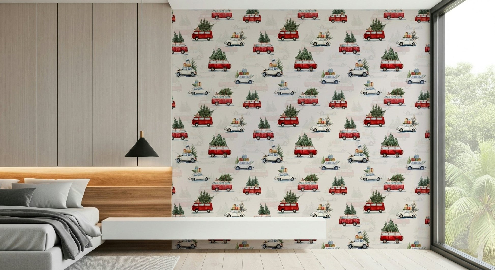 A cozy corner featuring the delightful Camionette Wallpaper pattern.