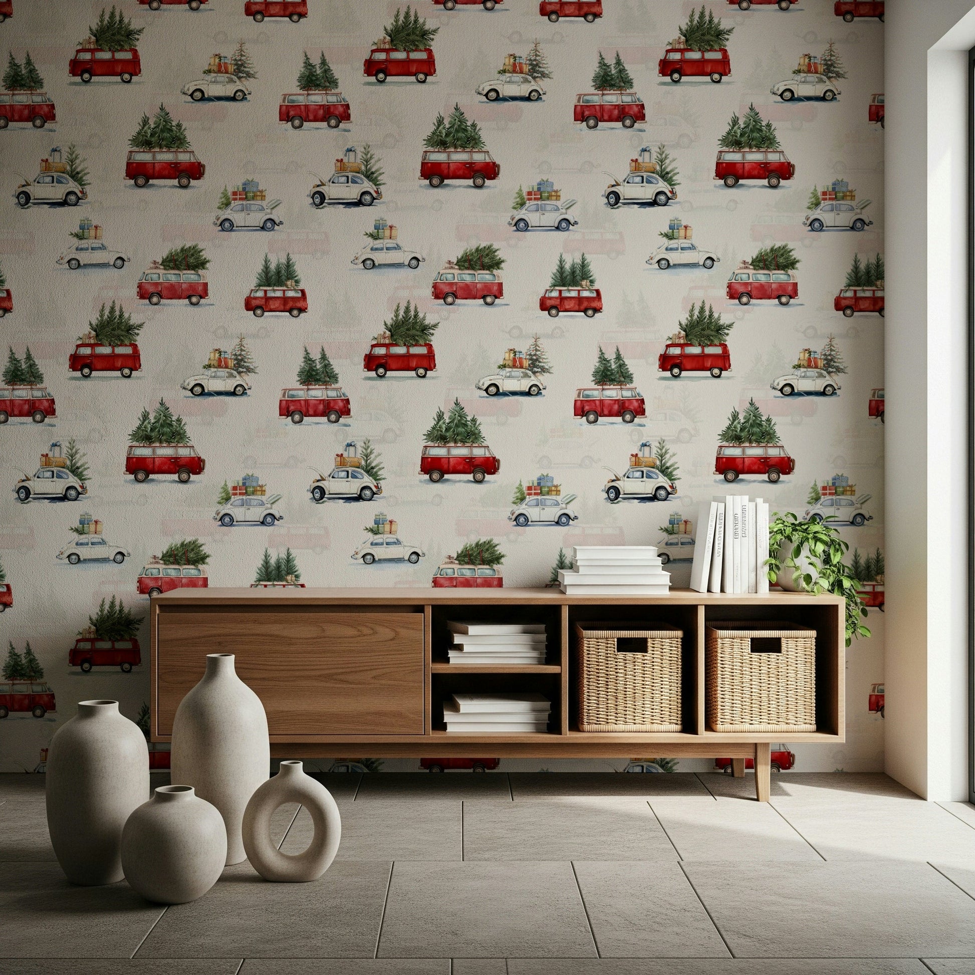 The retro truck design of Camionette Wallpaper in a playful playroom.