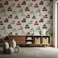 The retro truck design of Camionette Wallpaper in a playful playroom.