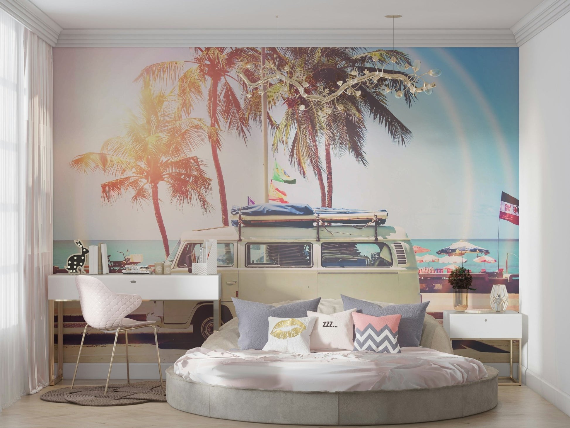 Vintage camper van mural for a cozy, retro look.

