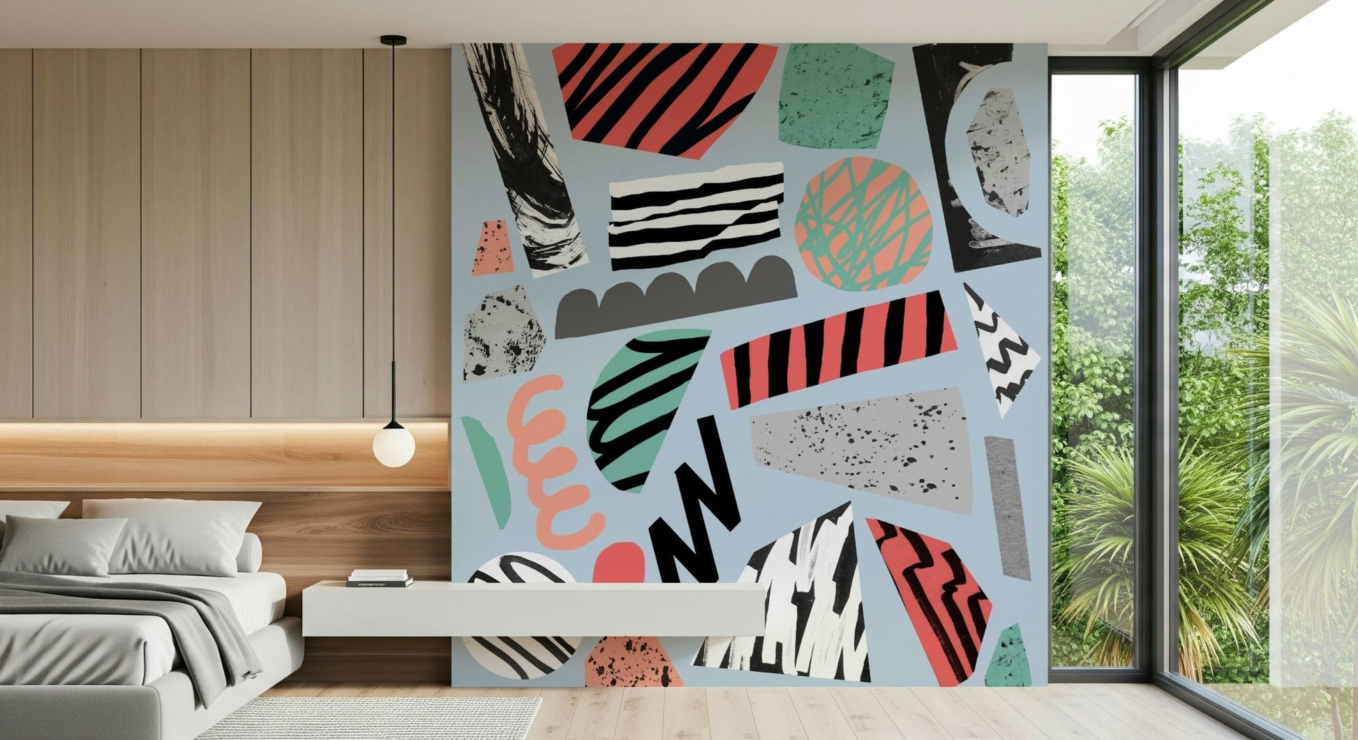 An artistic natural vista mural on minimalist wallpaper.