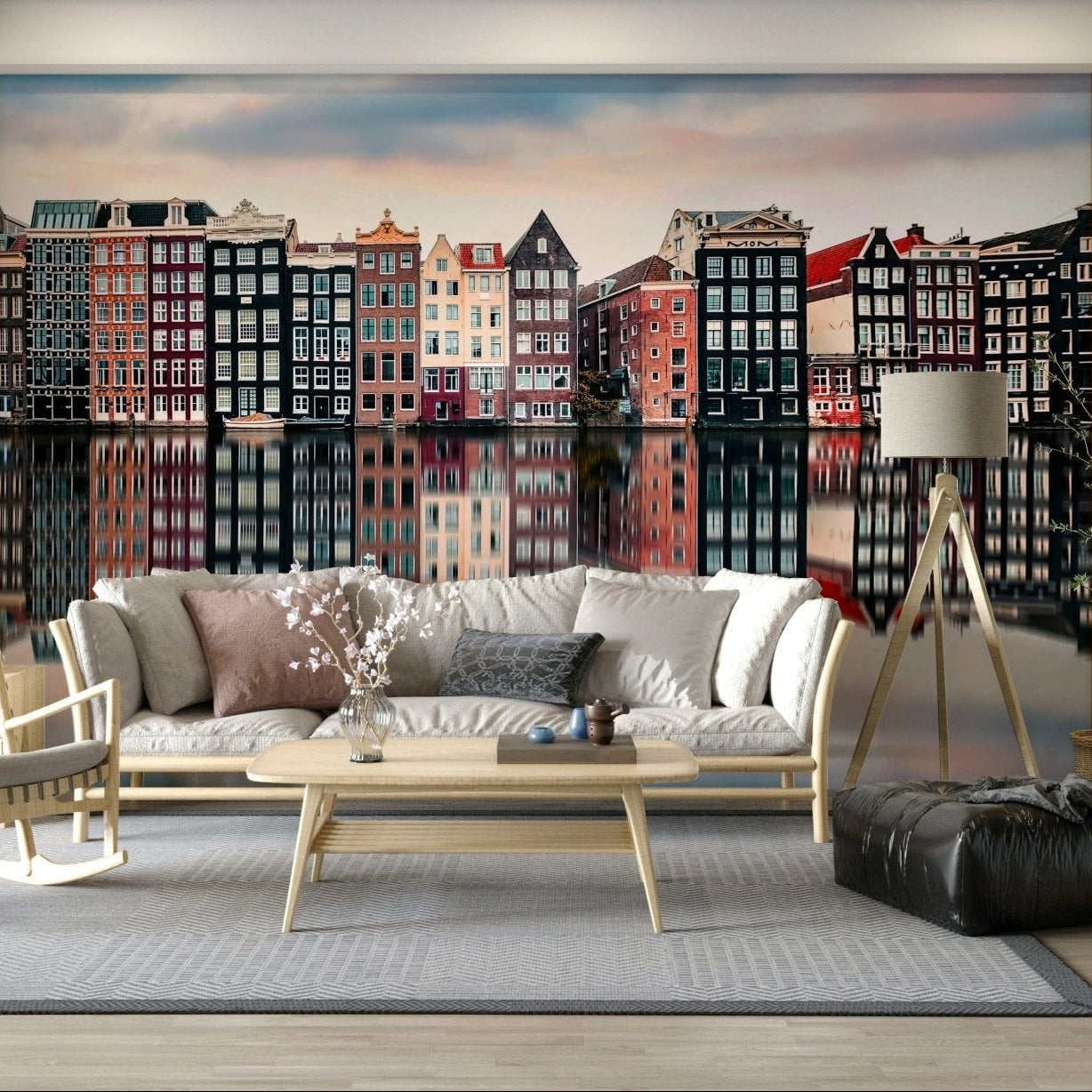 Canal City Calm Wall Mural adds quiet waterfront character to this modern living room, GD7983
