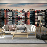 Canal City Calm Wall Mural adds quiet waterfront character to this modern living room, GD7983