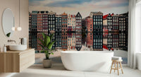 Canal City Calm Wall Mural adds a serene reflected city view to this bathroom setting, GD7983