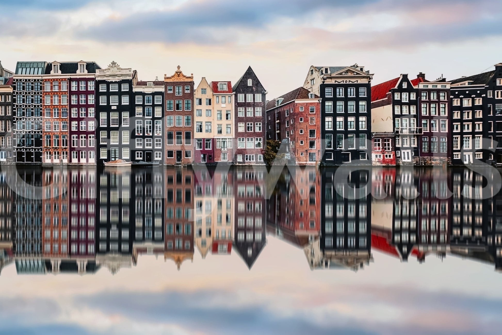 Canal City Calm wall mural with mirrored canal houses and a soft evening skyline, GD7983