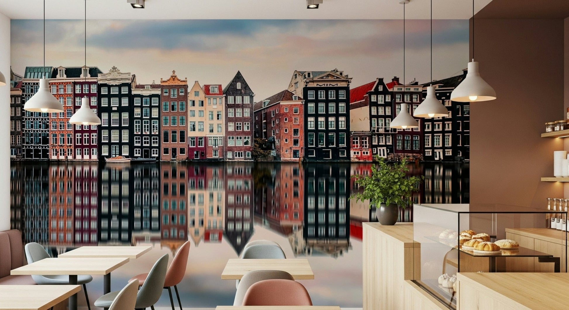 Canal City Calm Wall Mural brings mirrored canal-house charm into this café-style Cafe dining area, GD7983