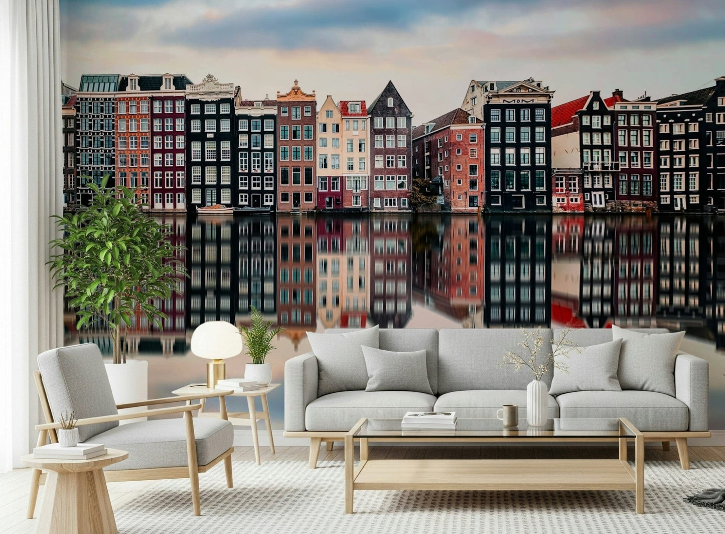 This light-filled lounge feels calmer with Canal City Calm Wall Mural, GD7983