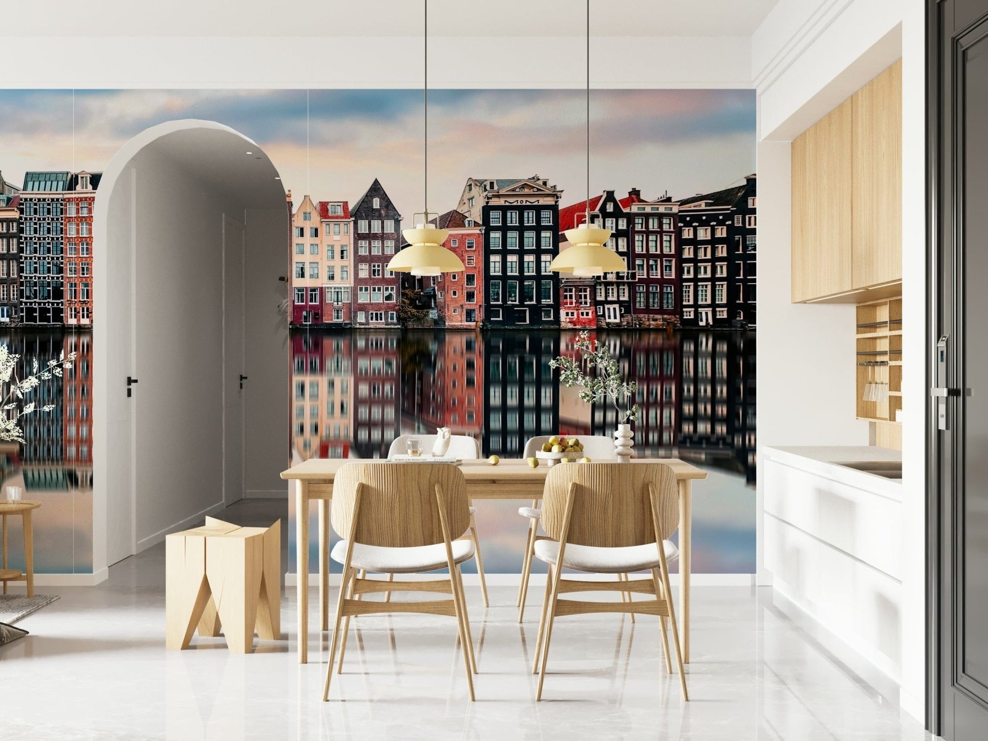 This arched dining nook feels more refined with Canal City Calm Wall Mural on the wall, GD7983