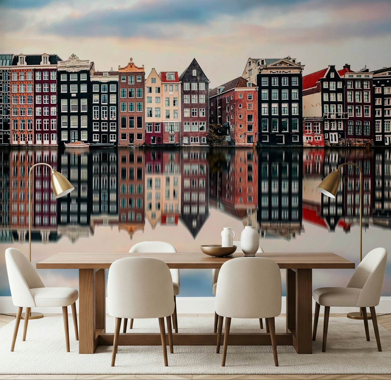 In this bright dining room, Canal City Calm Wall Mural creates a calm city focal point