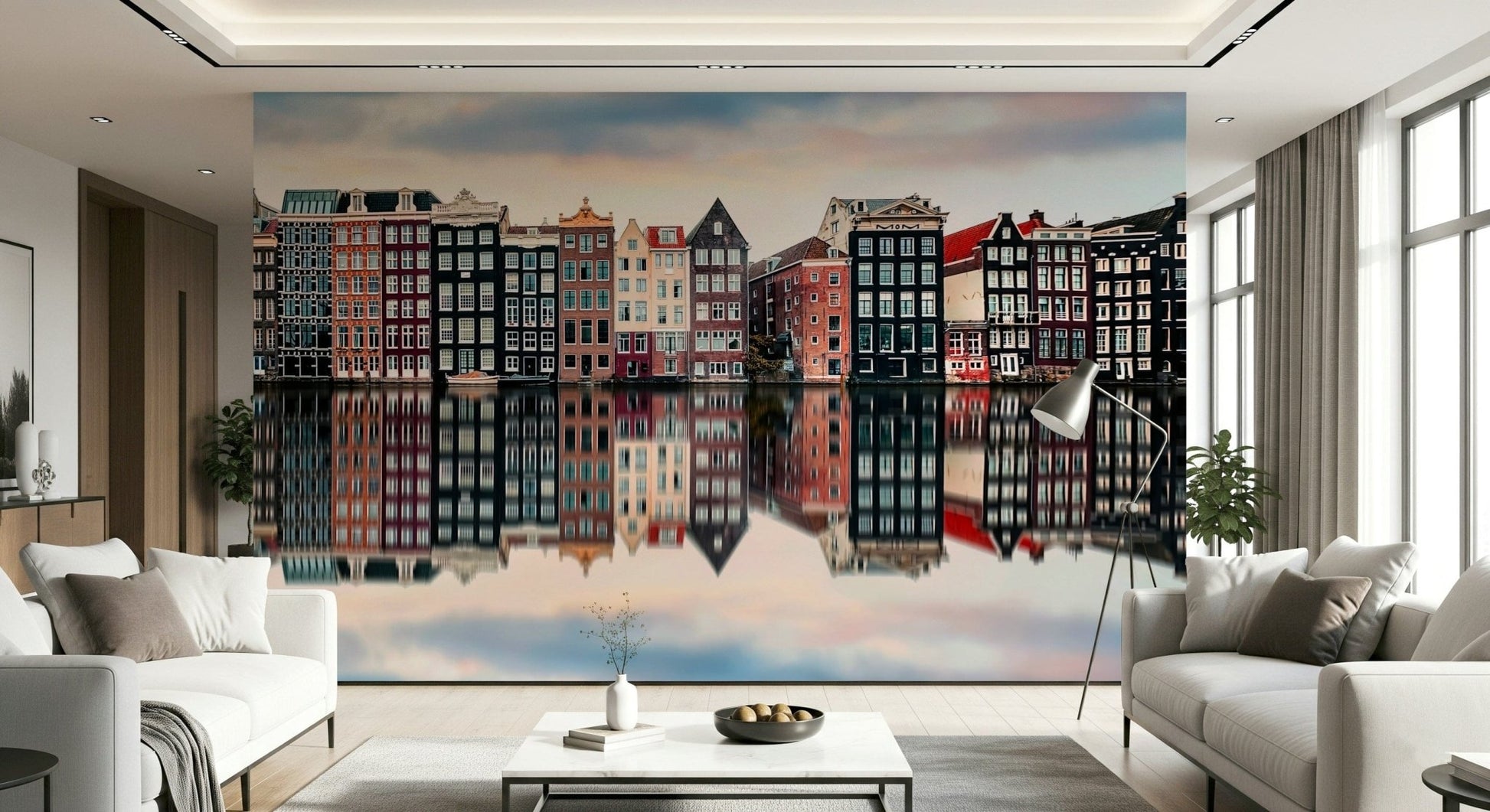 A wide sitting room gains gentle architectural rhythm from Canal City Calm Wall Mural, GD7983