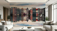 A wide sitting room gains gentle architectural rhythm from Canal City Calm Wall Mural, GD7983