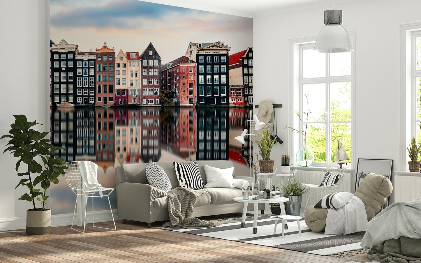 Canal City Calm Wall Mural gives this airy lounge a balanced canal-side backdrop, GD7983