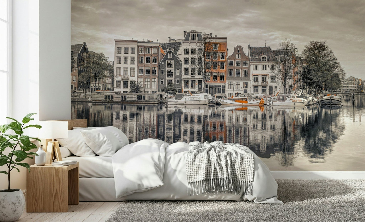 Architectural canal view wall mural for a professional home office.