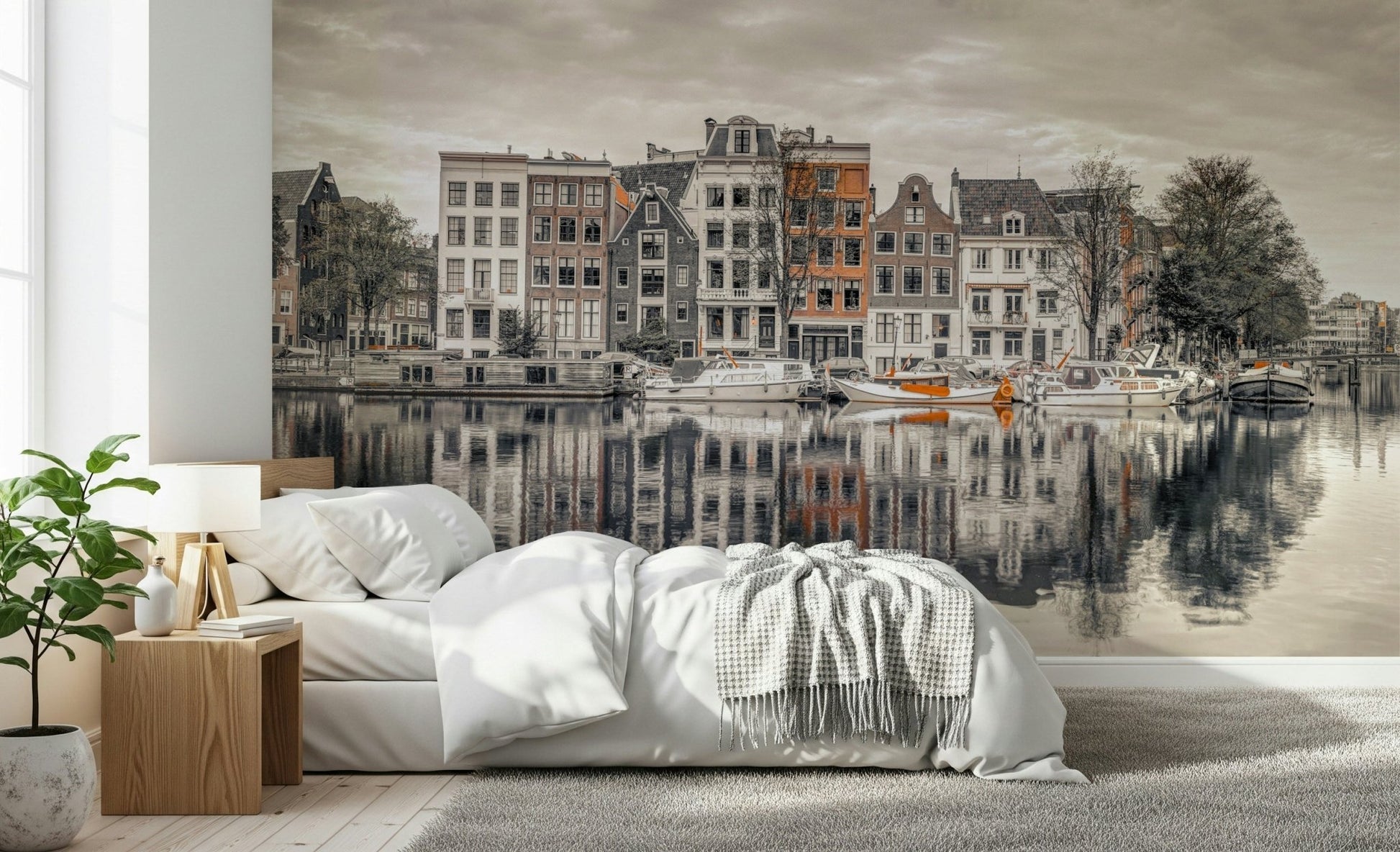 Architectural canal view wall mural for a professional home office.