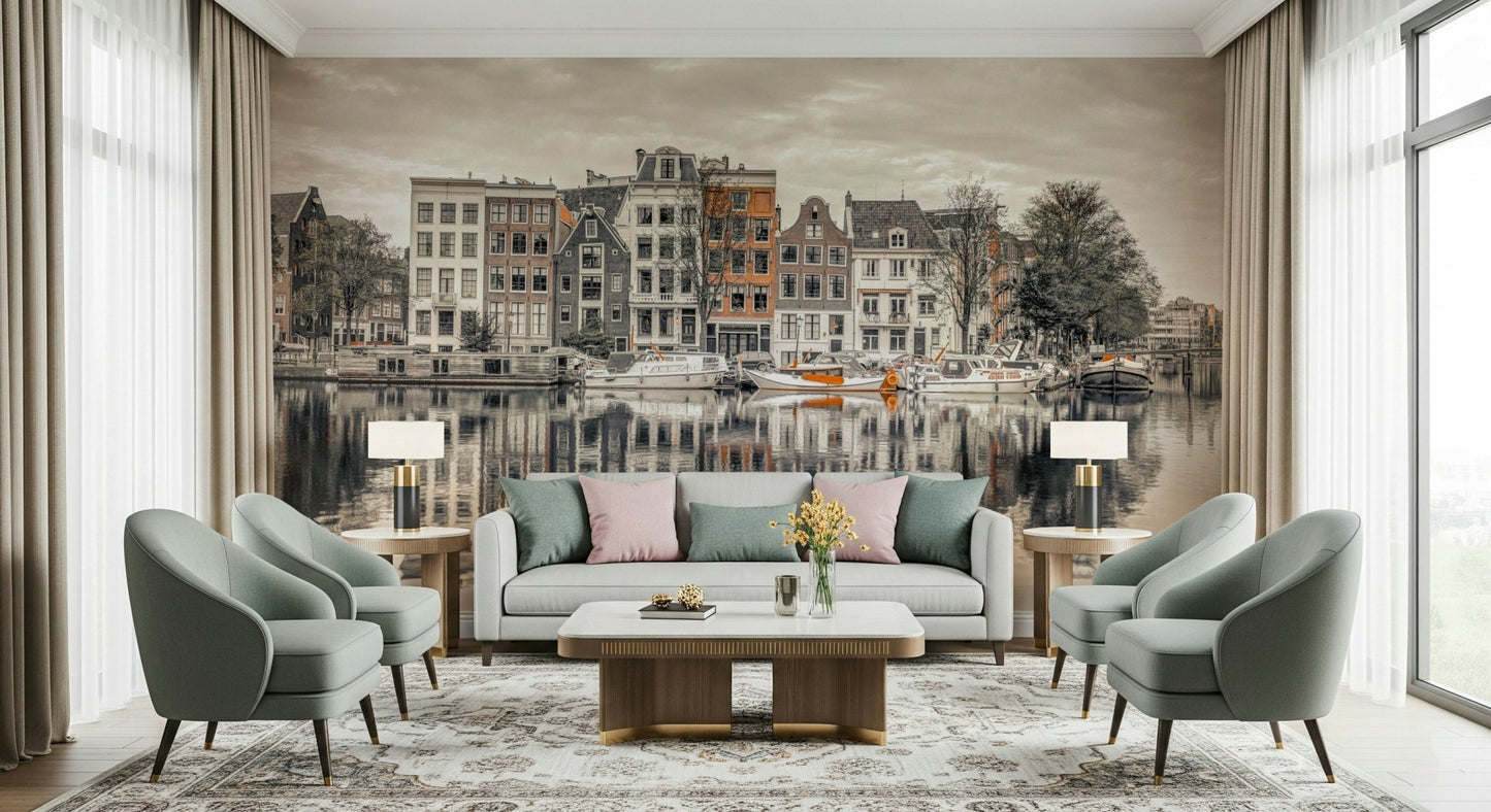 Canal Harmony wall mural with a peaceful water view for living room walls.