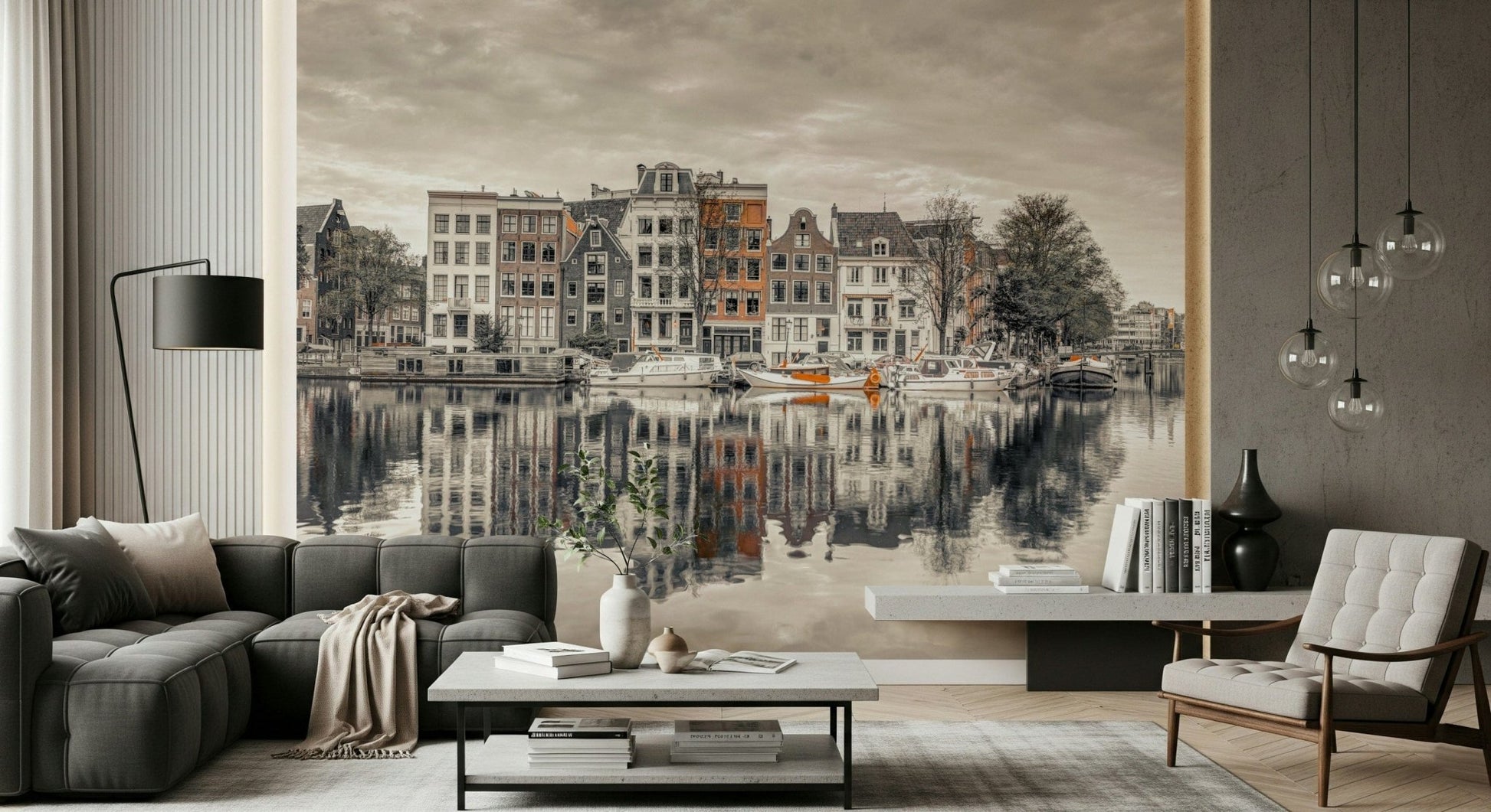 Traditional European waterway wall mural for a guest room feature wall.