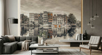 Traditional European waterway wall mural for a guest room feature wall.