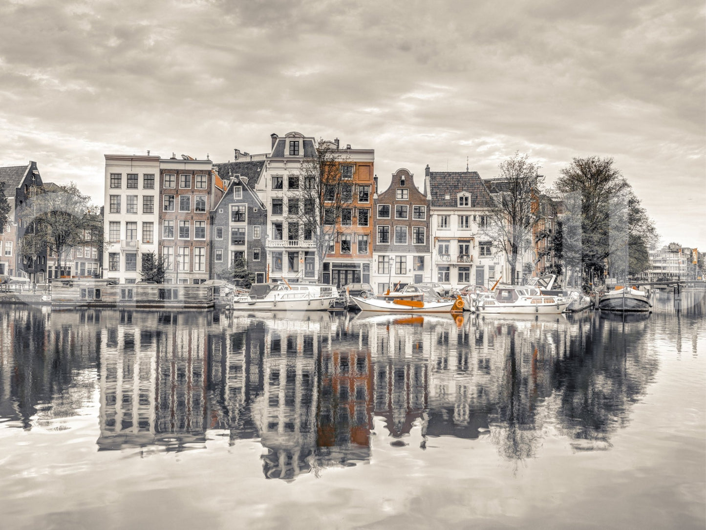 Canal Harmony wall mural with a quaint bridge for a study room.