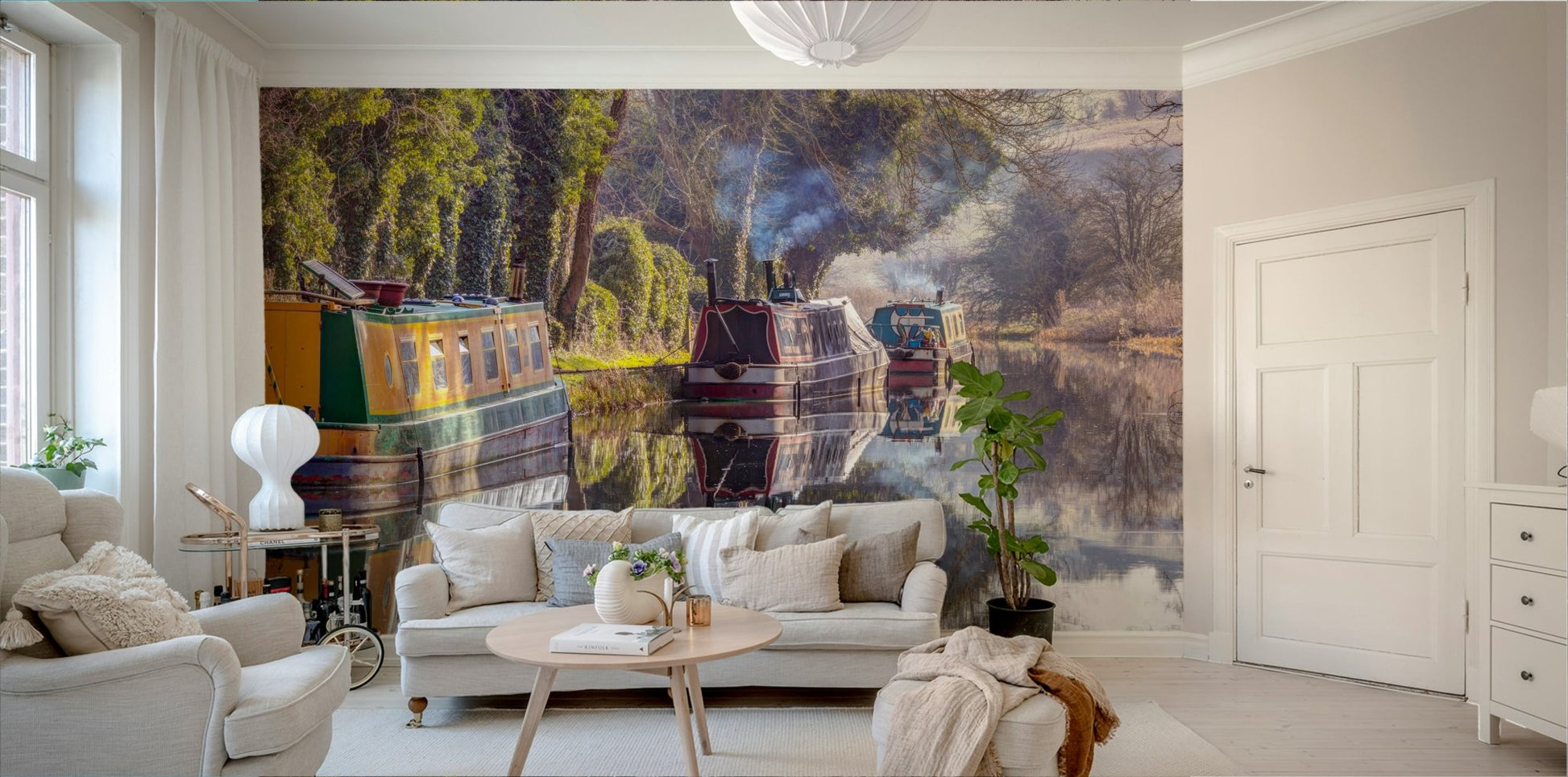 Still water with reflections of boats and trees.

