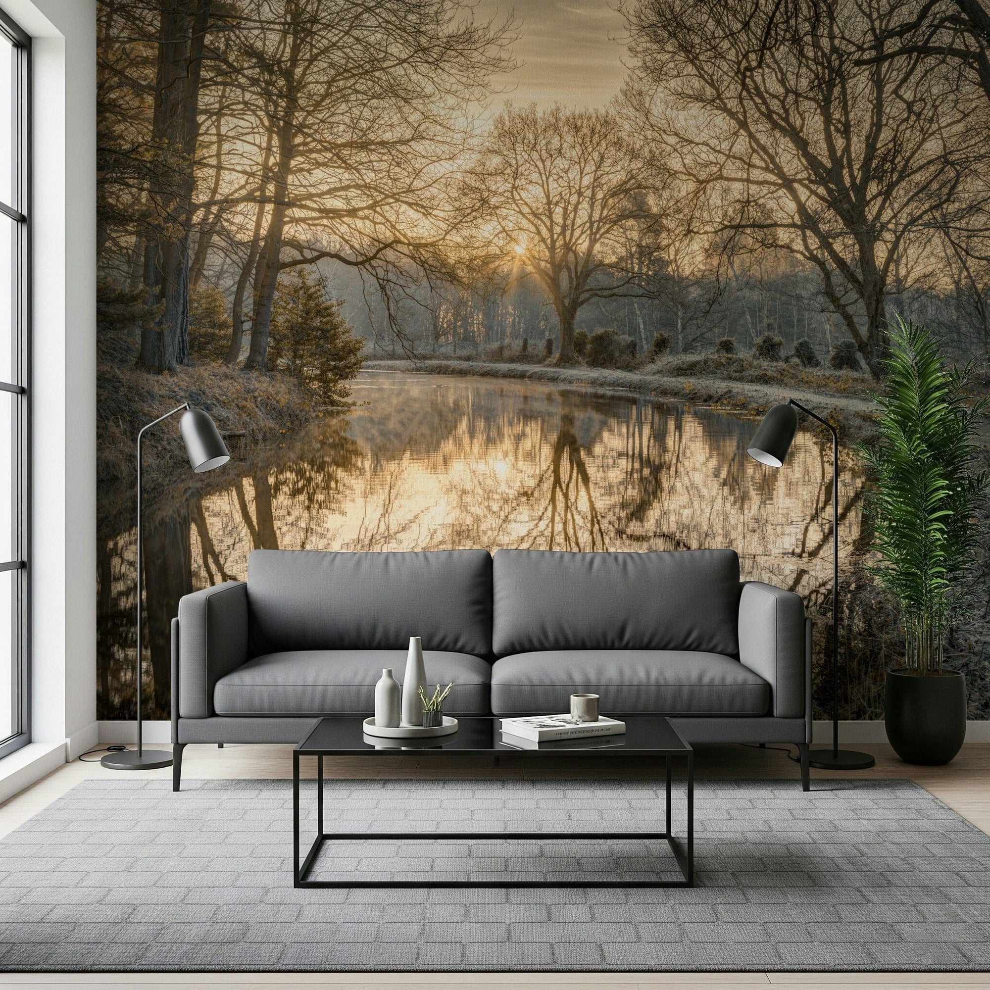 Canal Sunrise wall mural showing bare trees glowing over still water GD7409
