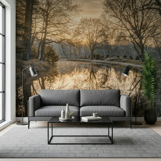 Canal Sunrise wall mural showing bare trees glowing over still water GD7409
