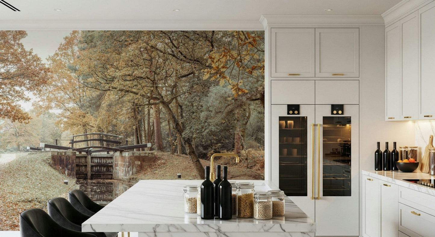 Large scale canal wallpaper for an open plan apartment living area.