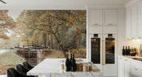 Large scale canal wallpaper for an open plan apartment living area.