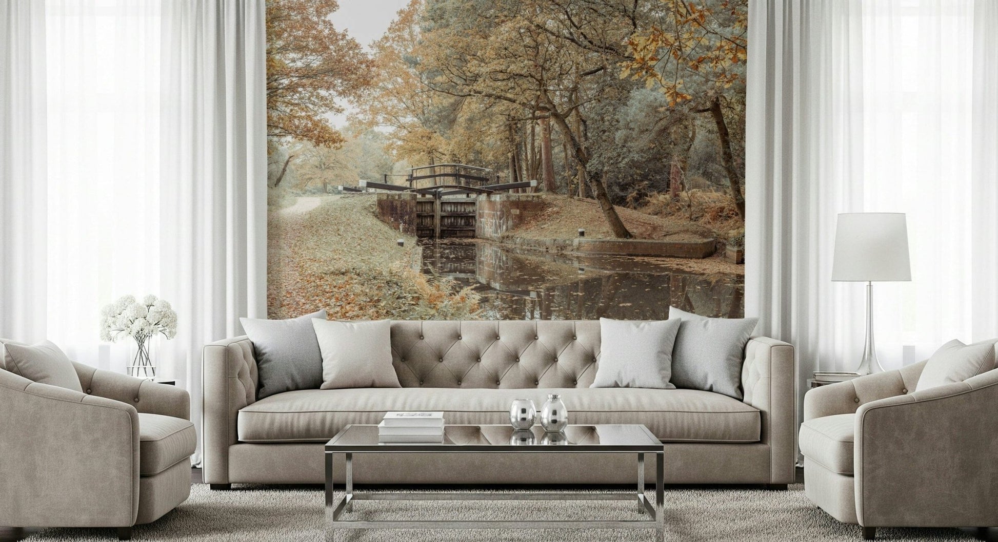 Soft European town wall mural in a modern dining room setting.